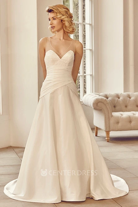 Floor-Length V-Neck Appliqued Satin Wedding Dress With Brush Train And Straps
