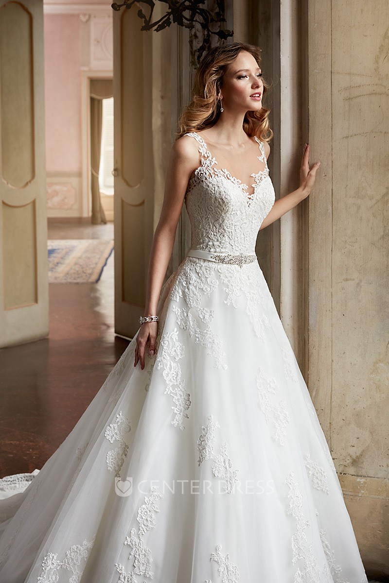 A Line Scoop Neck Sleeveless Maxi Appliqued Lace Wedding Dress With Waist Jewellery UCenter Dress