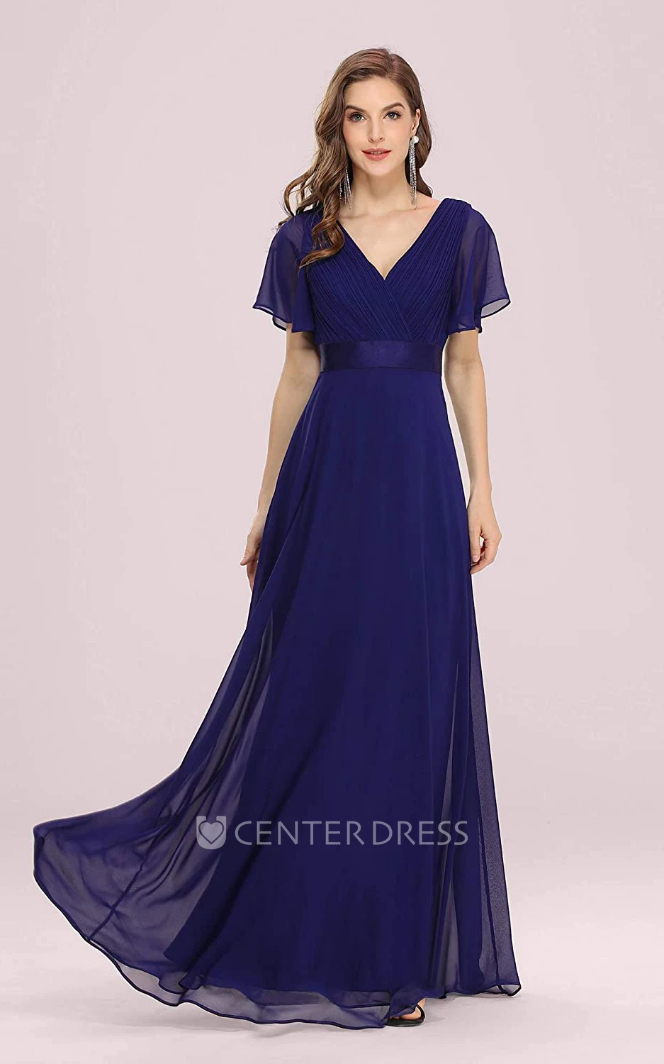 Romantic A Line Chiffon V-neck Short Sleeve Prom Evening Dress With Ruffles