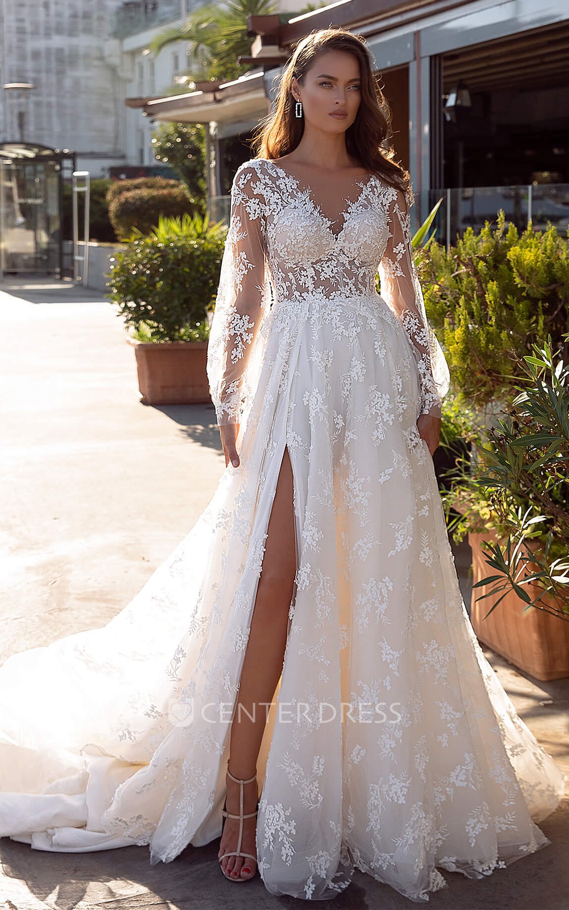 Lace wedding dress 2024 with front split