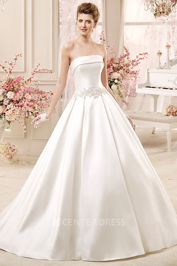 Strapless A Line Satin Wedding Dress With Lace Belt And Pleated