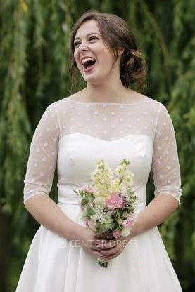 Vintage Tea Length Satin Wedding Dress With Dotted Tulle Bodice