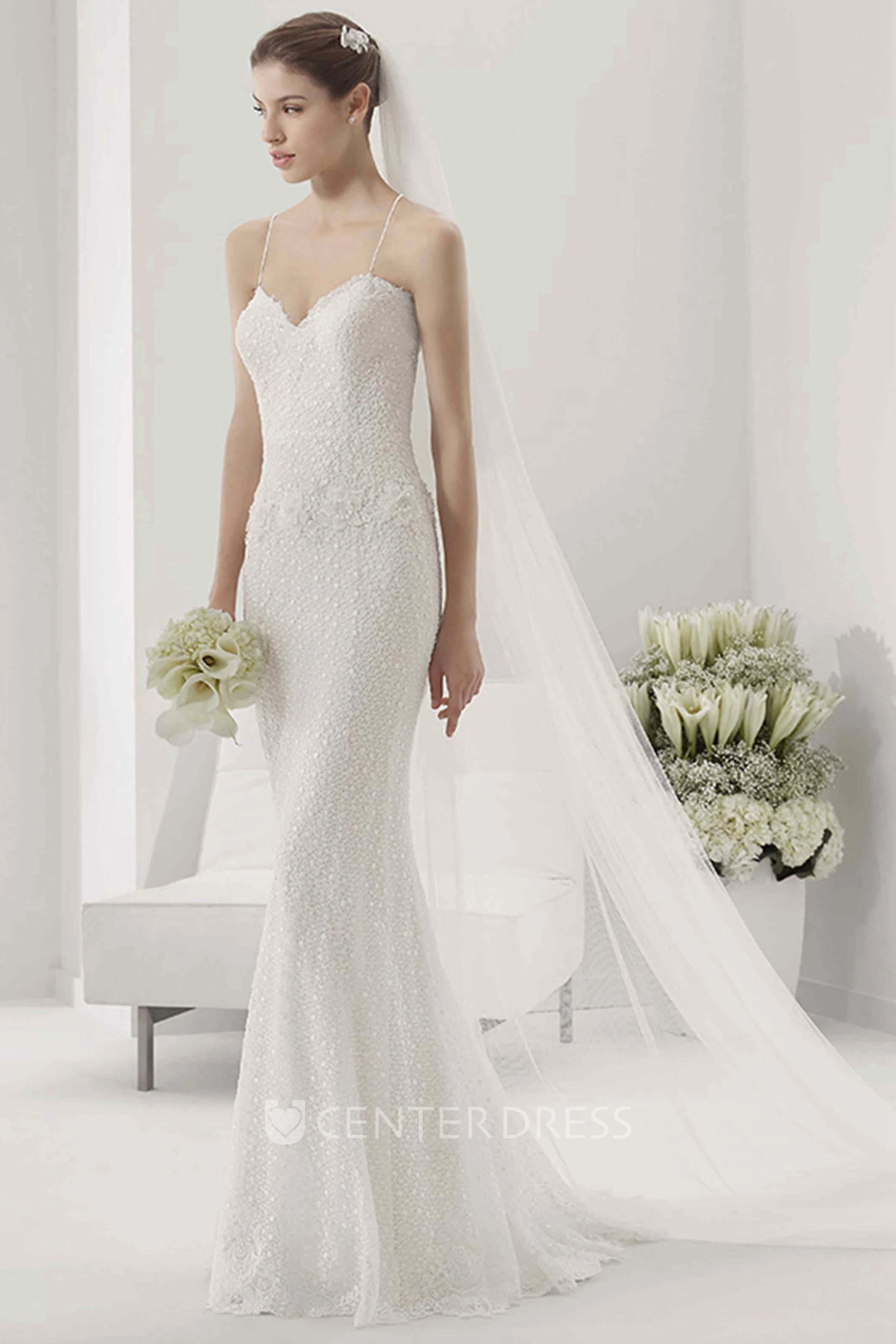 Spaghetti Straps Sweetheart Lace Gown With Waist Flower