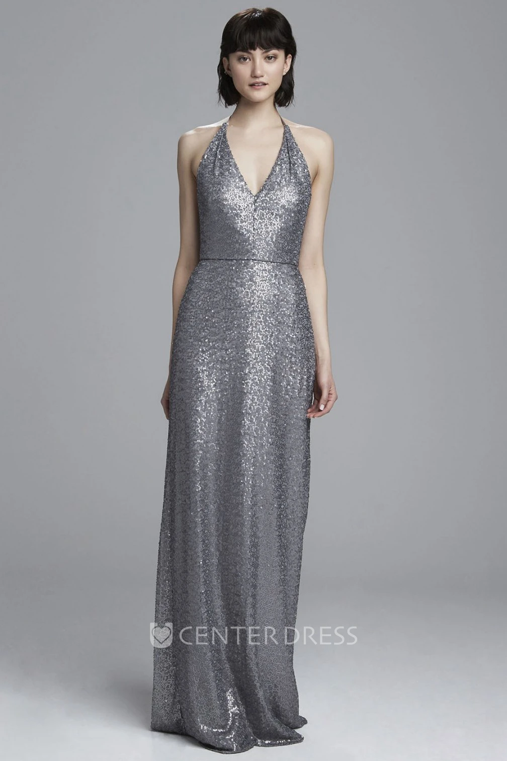 V-Neck Sleeveless Sequin Bridesmaid Dress With Straps