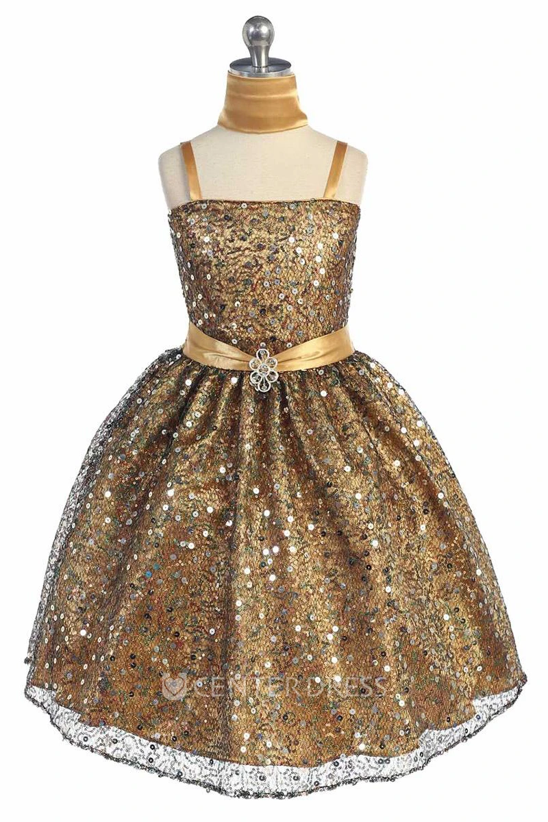 Tea-Length Cape Beaded Tiered Sequins&Satin Flower Girl Dress With Sash