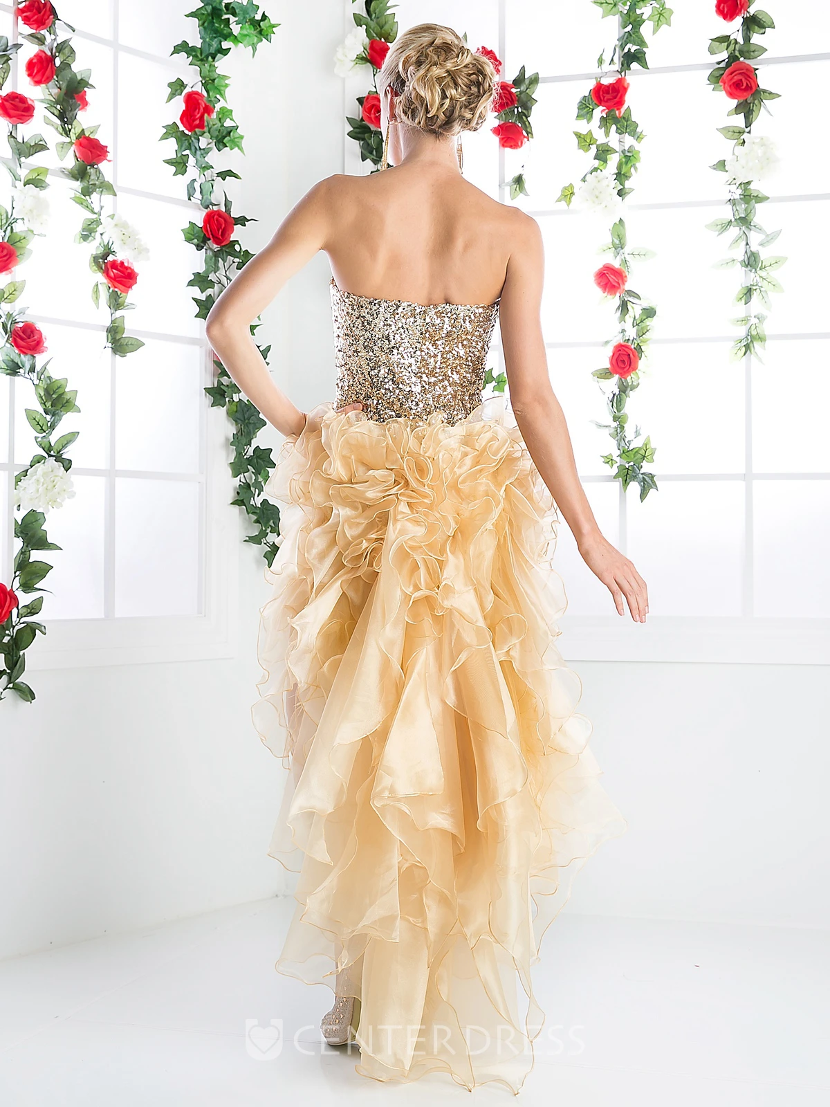 A-Line High-Low Strapless Sleeveless Organza Zipper Dress With Beading And Ruffles