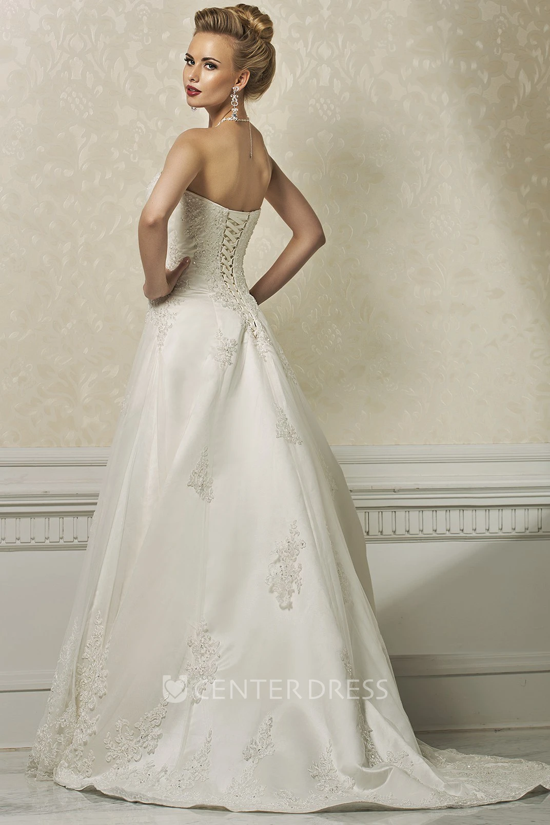 A-Line Appliqued Strapless Long Sleeveless Lace&Satin Winter Wedding Dress With Side Draping