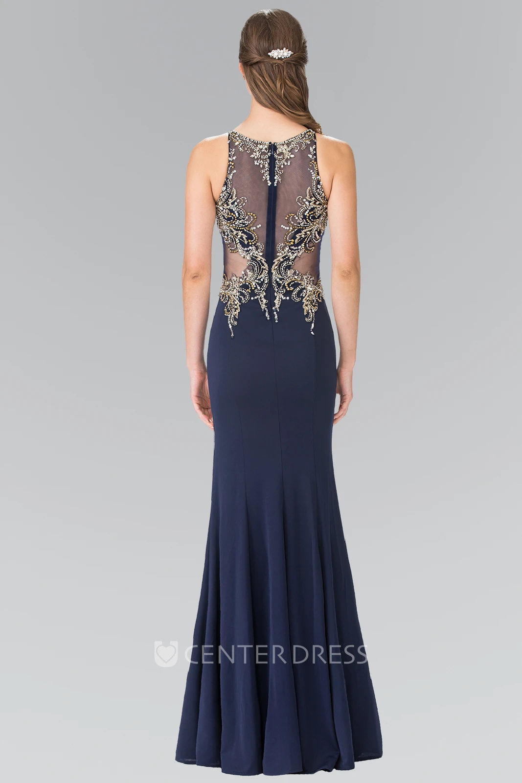Sheath Bateau Sleeveless Jersey Illusion Dress With Beading And Pleats