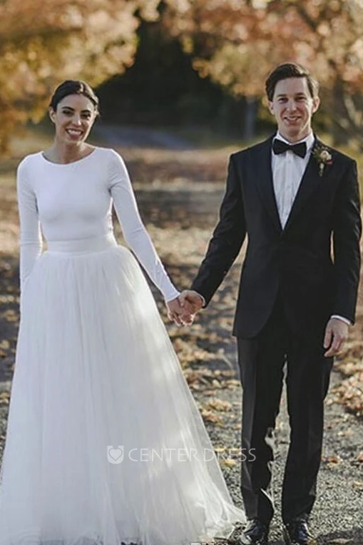 Elegant Fitted Modest Jersey Long Sleeve Tulle Bridal Gown