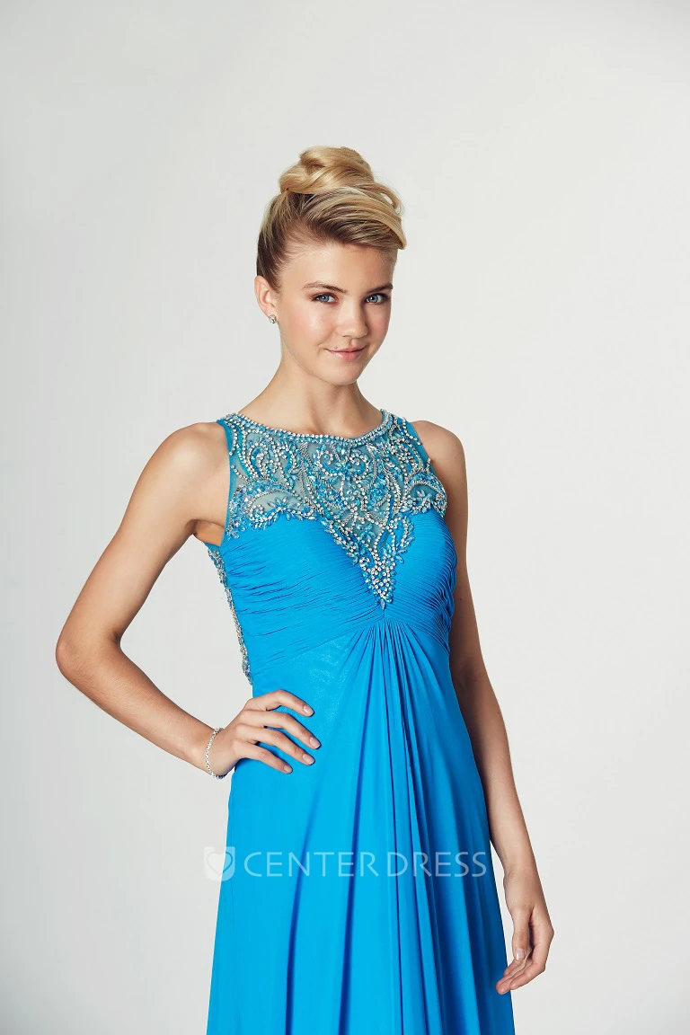 Ruched Sleeveless Scoop Neck Chiffon Prom Dress With Pleats And Beading