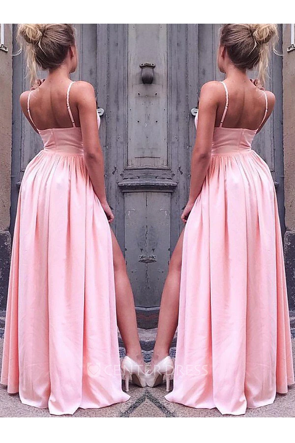 Sleeveless Floor-length A-Line Spaghetti Satin Dress