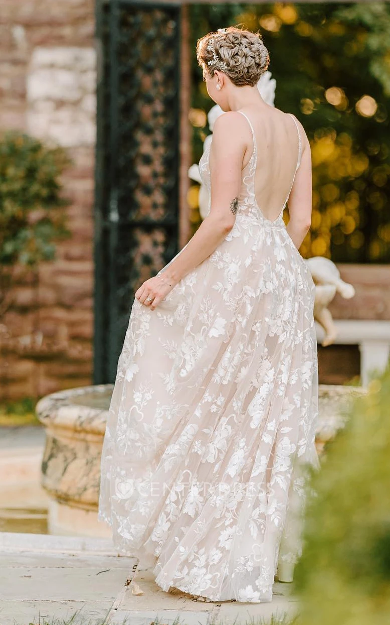 Garden Casual Open Back Floor-Length A-Line V-Neck Sleeveless Tulle Bridal Gown with Lace Insert
