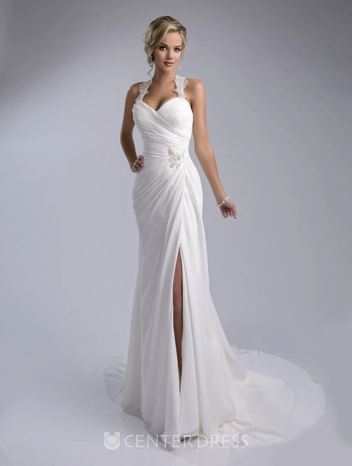 Ruched Sheath Chiffon Wedding Dress Featuring Halter And Side Slit