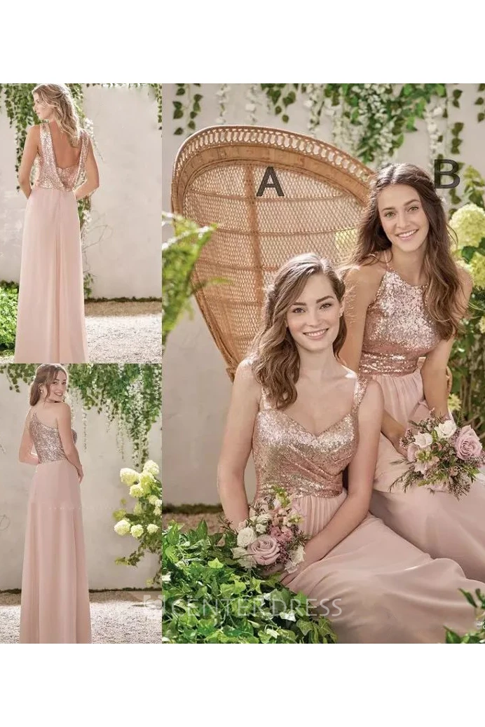 Sleeveless A-line Halter V-neck Floor-length Chiffon Sequins Bridesmaid Dress with Ruching