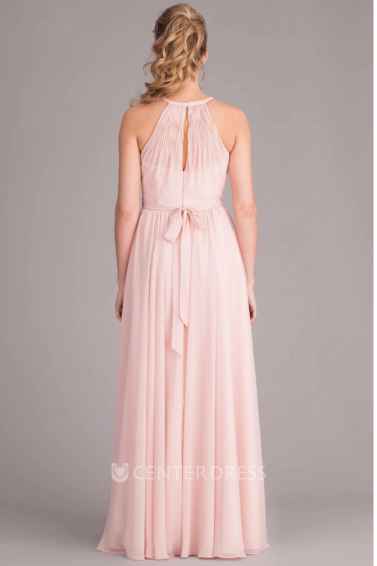Pleated Scoop Neck Sleeveless Chiffon Bridesmaid Dress With Bow