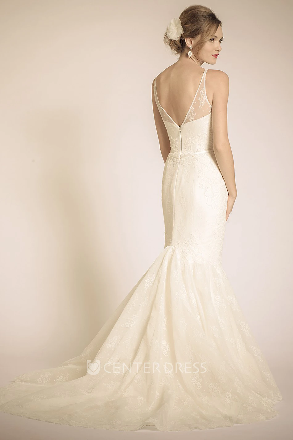 Mermaid Appliqued Scoop-Neck Floor-Length Sleeveless Lace Wedding Dress With Ruffles