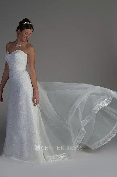 Sweetheart Lace Bridal Gown With Tulle Skirt And Satin Sash