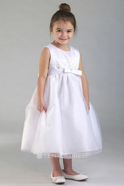 Tea-Length Tiered Bowed Tulle&Sequins Flower Girl Dress With Appliques
