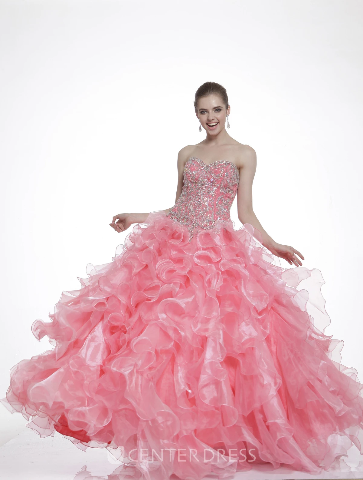 Ball Gown Sweetheart Long Sleeve Organza Lace-Up Dress With Ruffles And Beading