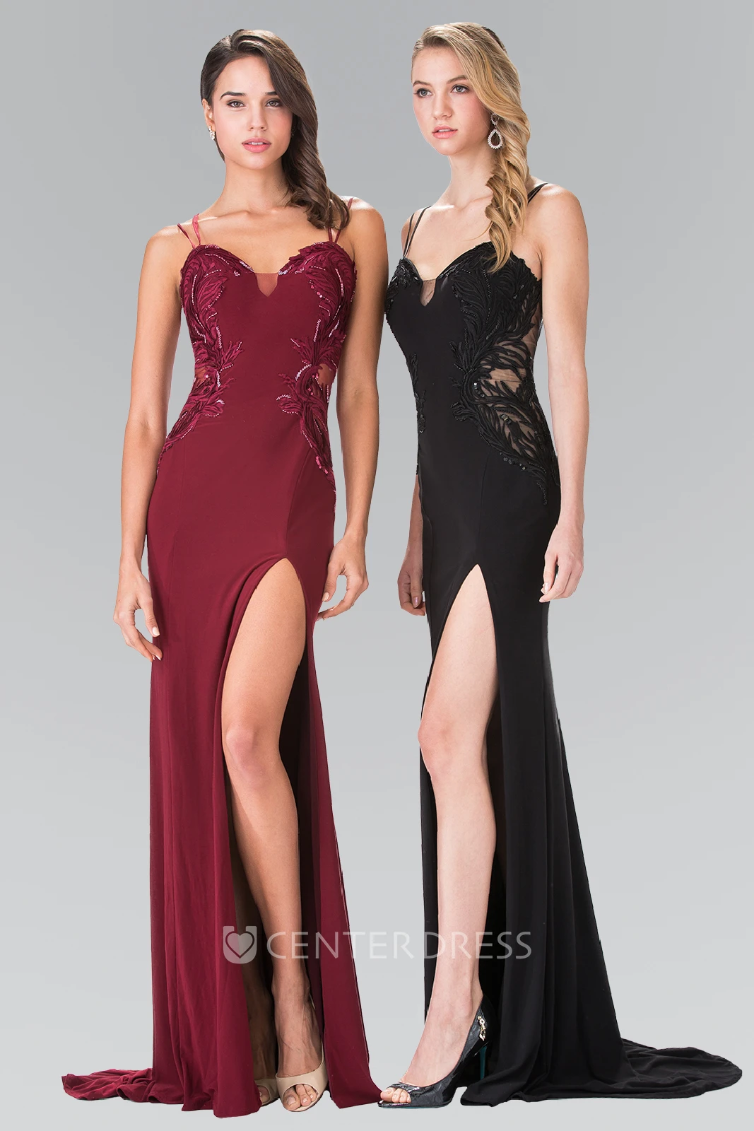 Sheath Spaghetti Jersey Deep-V Back Dress With Split Front And Embroidery