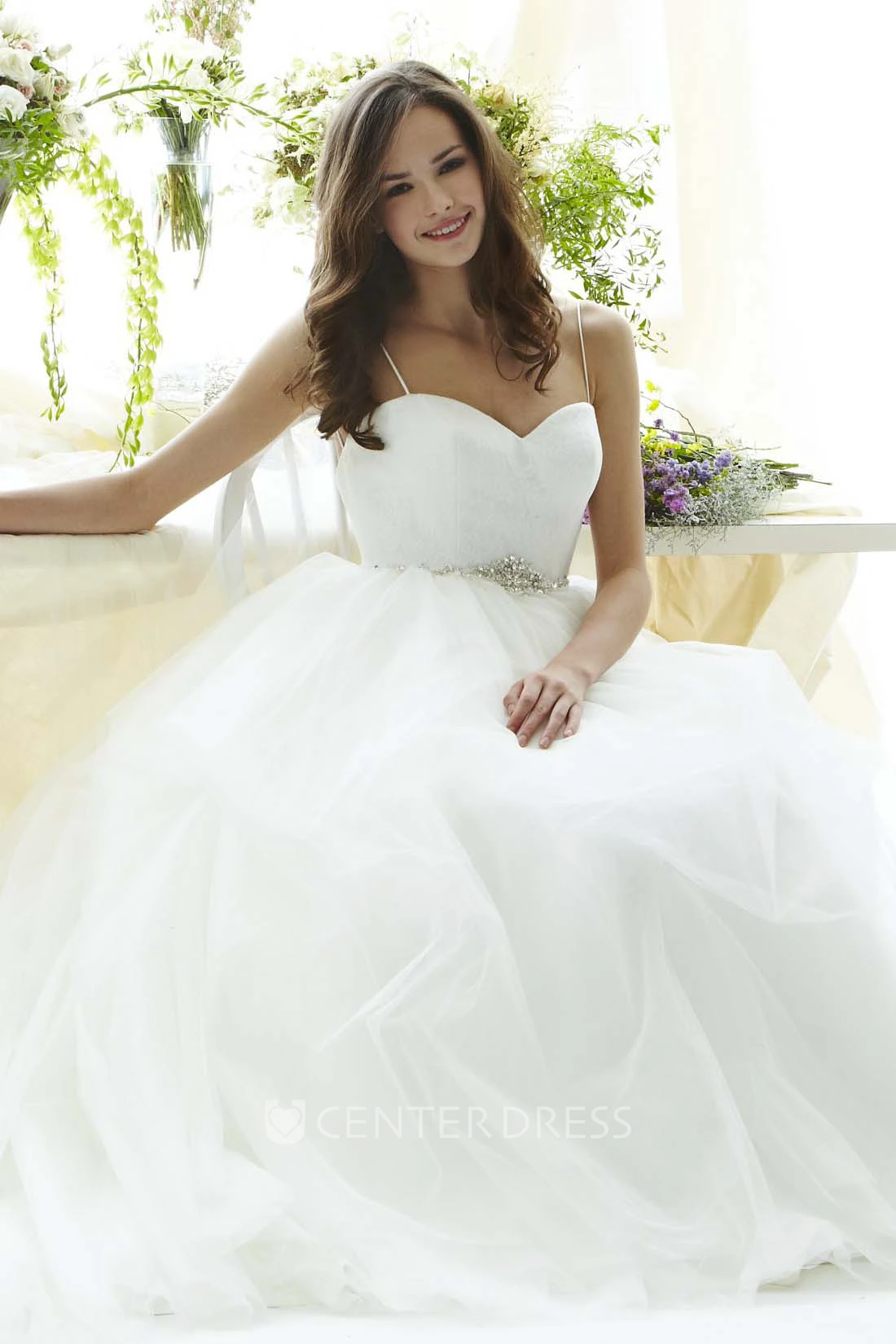 Long Spaghetti Jeweled Tulle Wedding Dress With Sweep Train And V Back