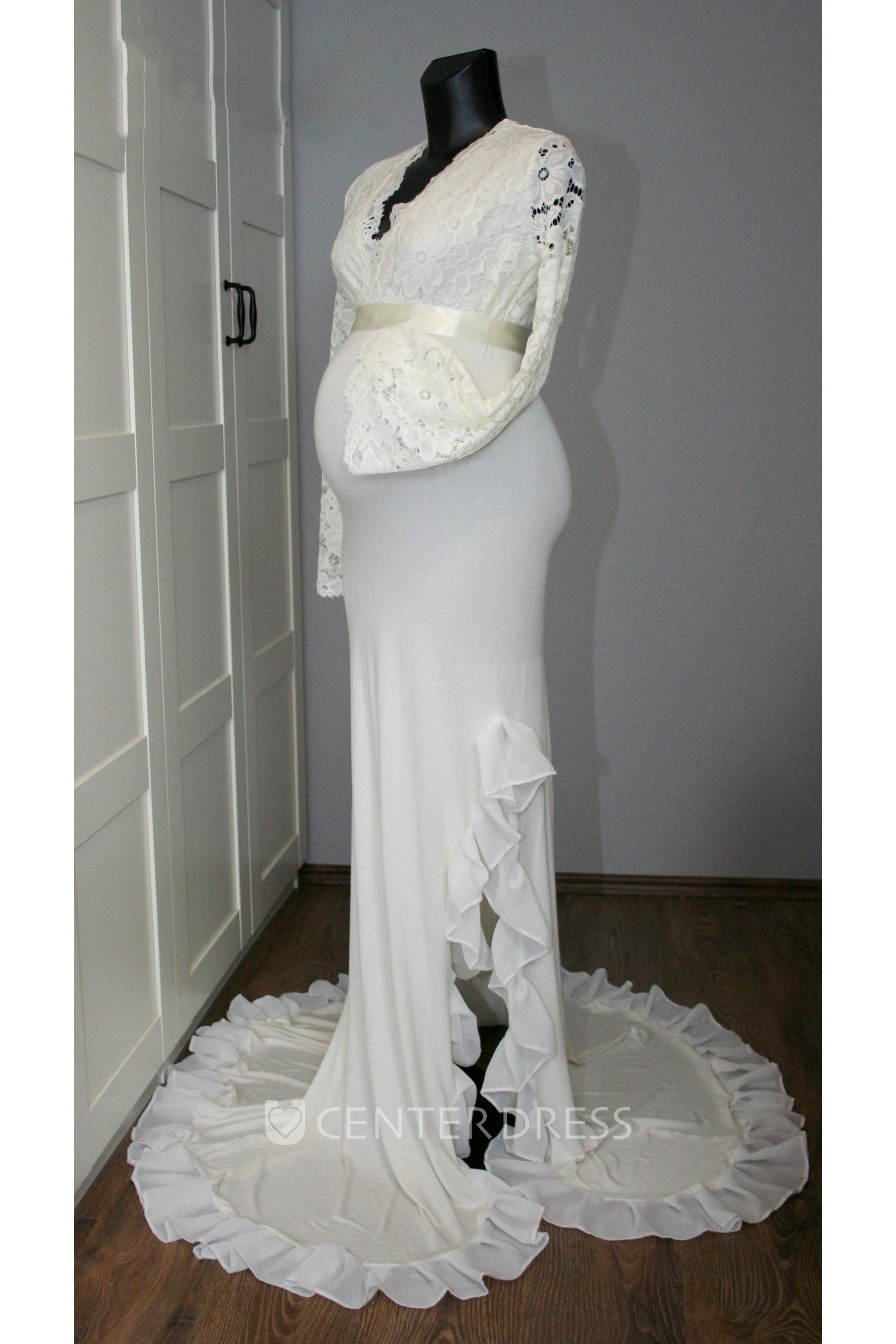 Sheath Sweep Brush Train Long Sleeve Empire Maternity Wedding Dress
