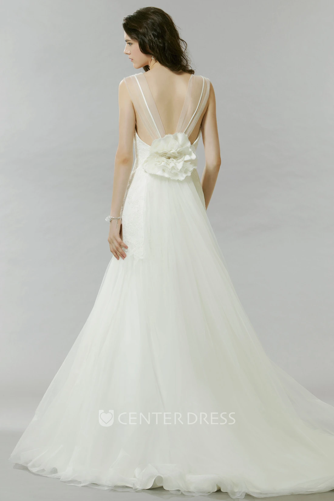 Trumpet Long Cap-Sleeve Lace Tulle Wedding Dress With Low-V Back And Flower