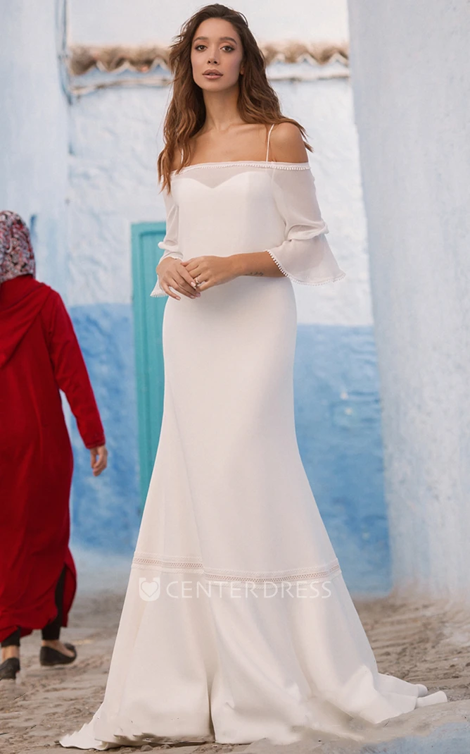 Casual Off-the-shoulder Sheath Chiffon Sweep Train Wedding Dress