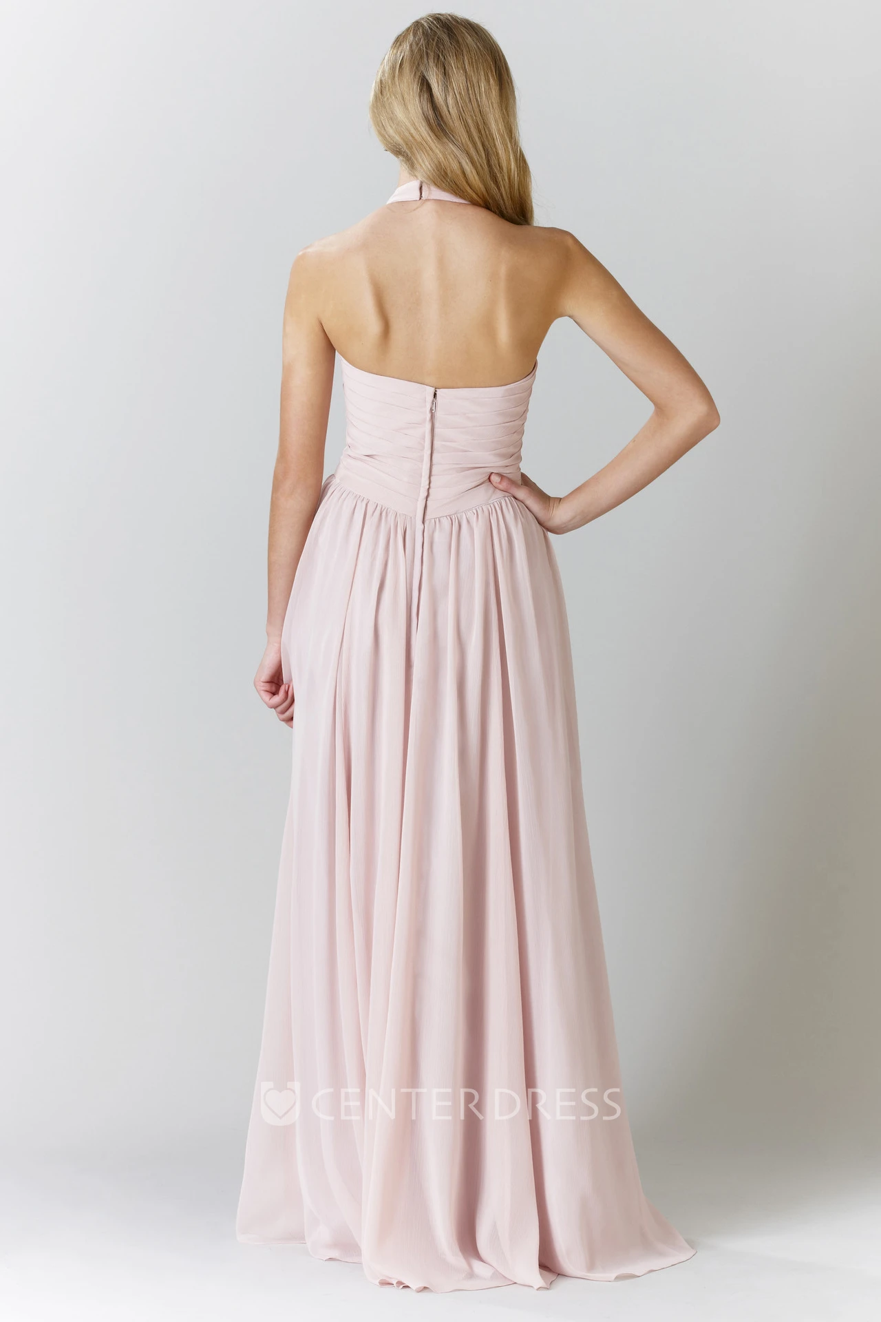Maxi Criss-Cross Halter Sleeveless Chiffon Bridesmaid Dress With Pleats
