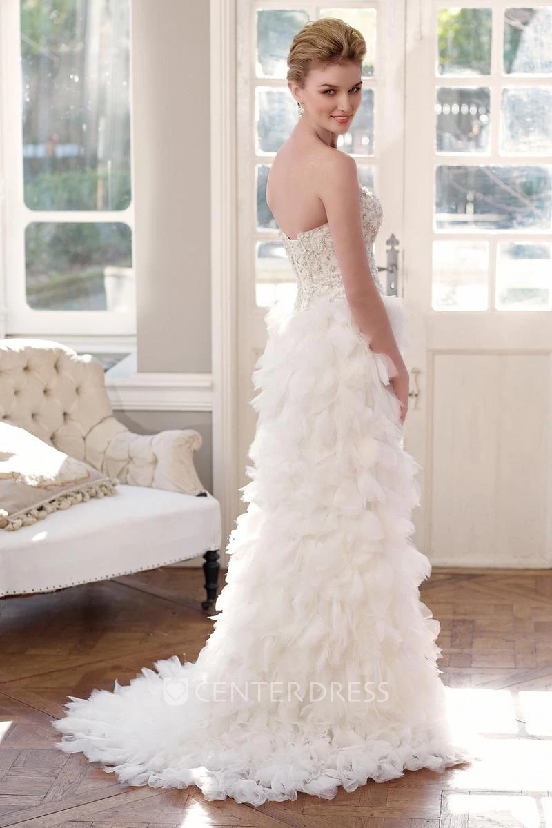 Sheath Beaded Sweetheart Tulle Wedding Dress With Cascading Ruffles And Lace Up