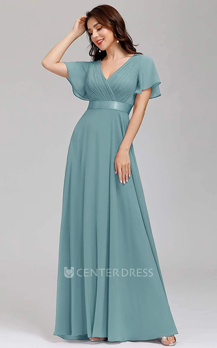 Romantic A Line Chiffon V-neck Short Sleeve Prom Evening Dress With Ruffles