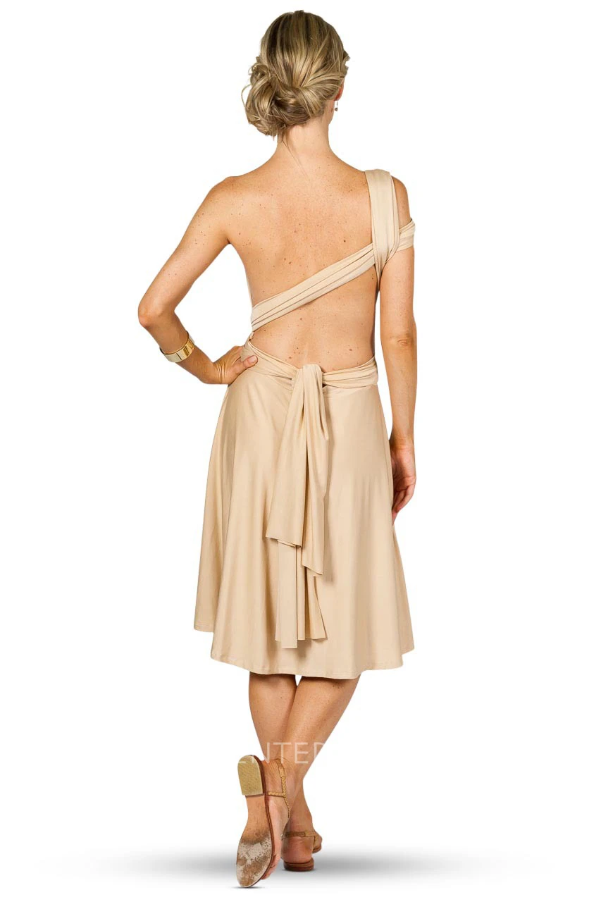 Knee-Length Sleeveless Ruched One-Shoulder Chiffon Convertible Bridesmaid Dress With Straps