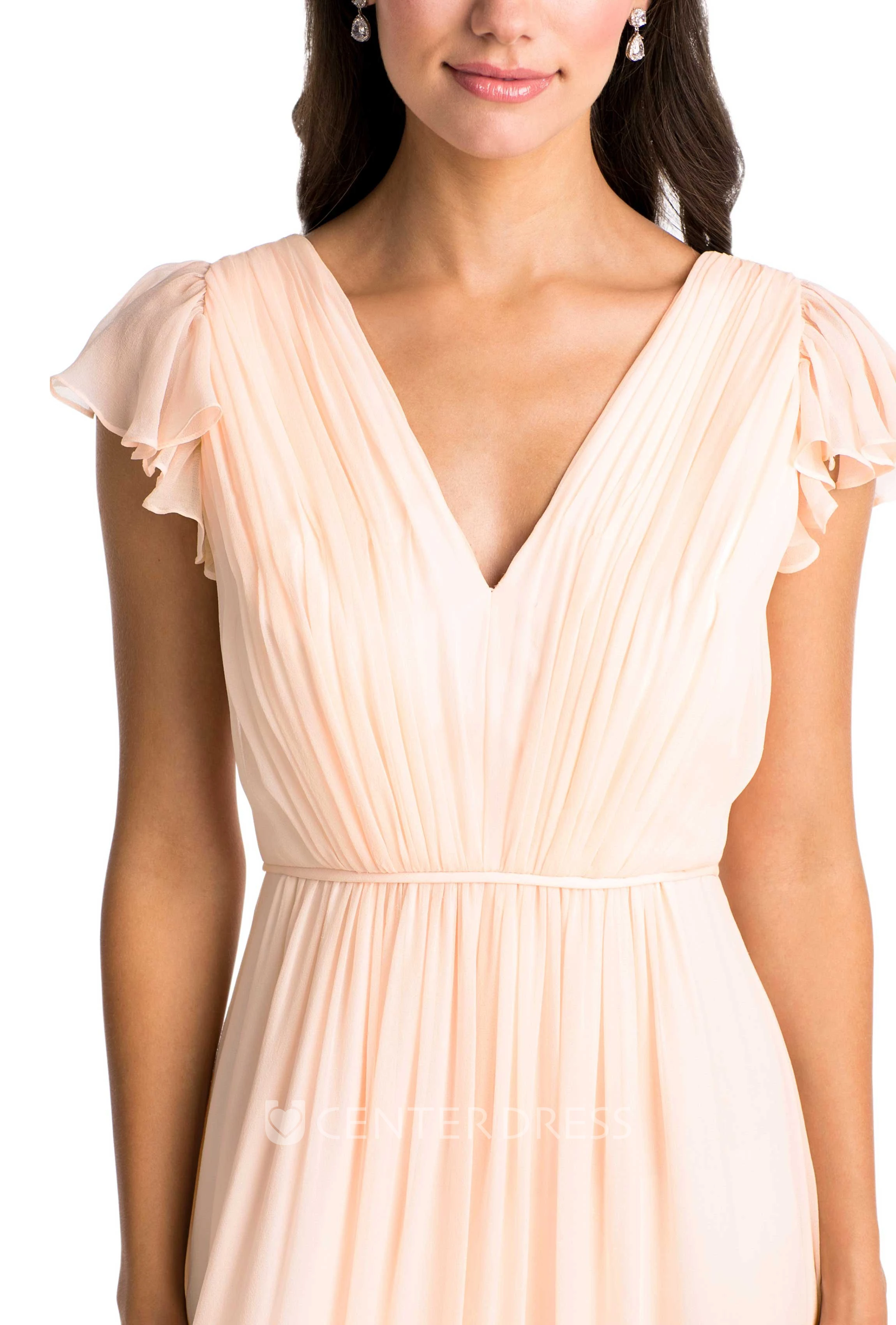 High-Low Cap Sleeve Ruched V-Neck Chiffon Muti-Color Convertible Bridesmaid Dress