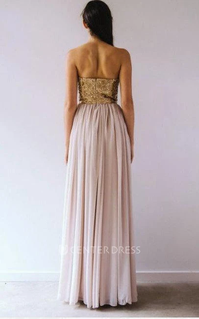 Strapless Notched Floor-Length Dress With Pleats And Sequins