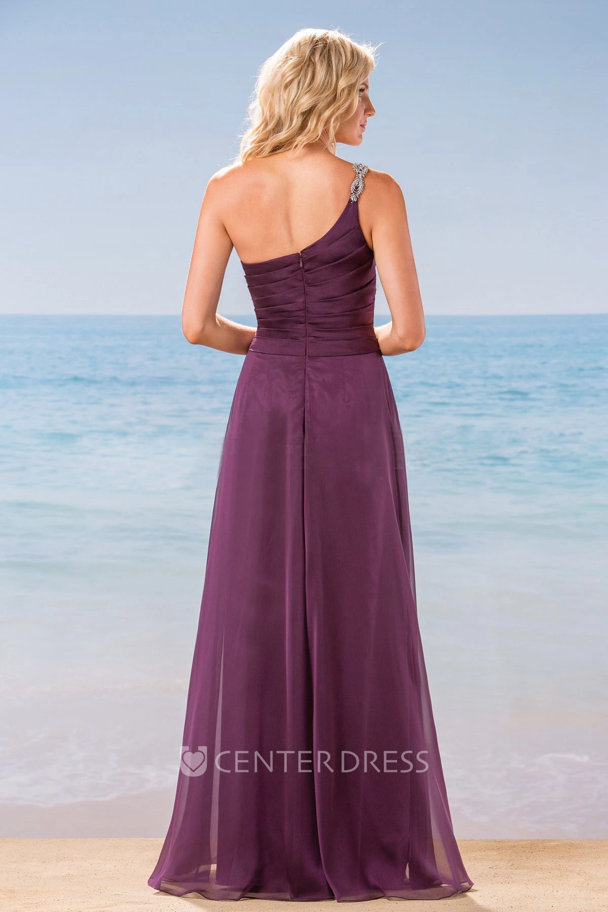 One-Shoulder A-Line Long Chiffon Bridesmaid Dress With Pleats