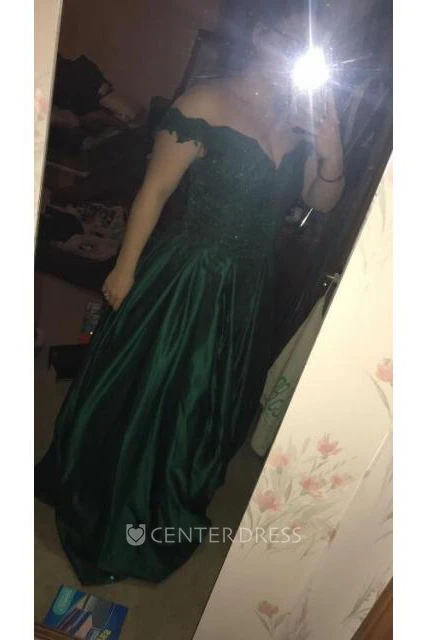 Cap Short Sleeve Sweep Brush Train A-Line Ball Gown Off-the-shoulder Satin Lace Dress