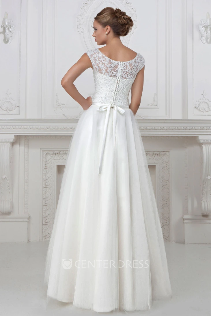 A-Line Cap-Sleeve Floor-Length Scoop-Neck Lace&Tulle&Satin Wedding Dress