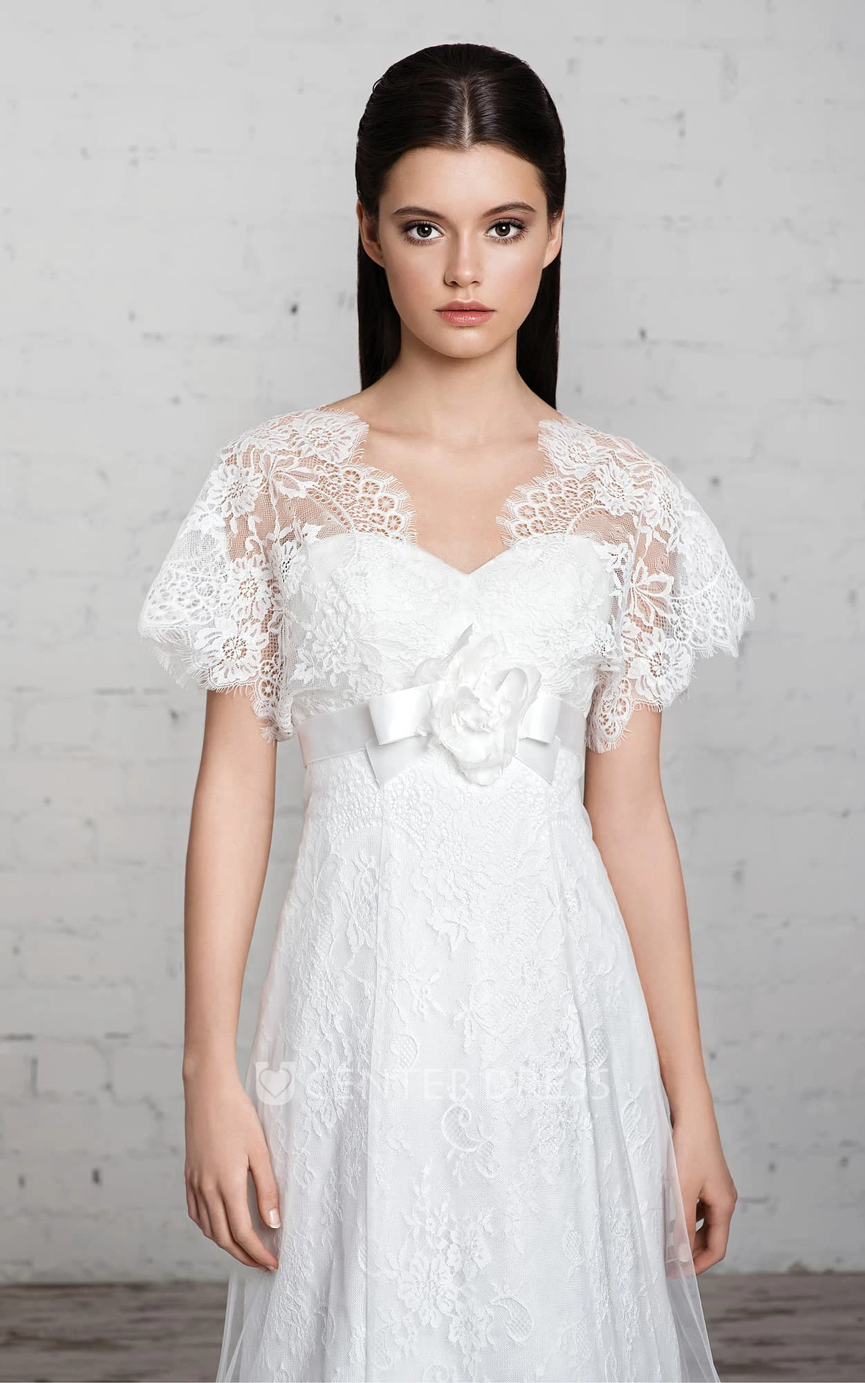 Sheath Floor-Length V-Neck Short-Sleeve Empire Lace Tulle Dress With Flower