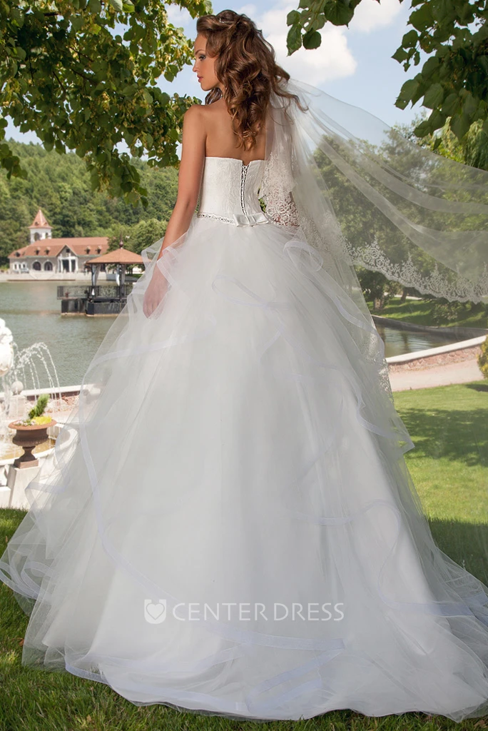 Long Strapless Appliqued Draped Tulle Wedding Dress