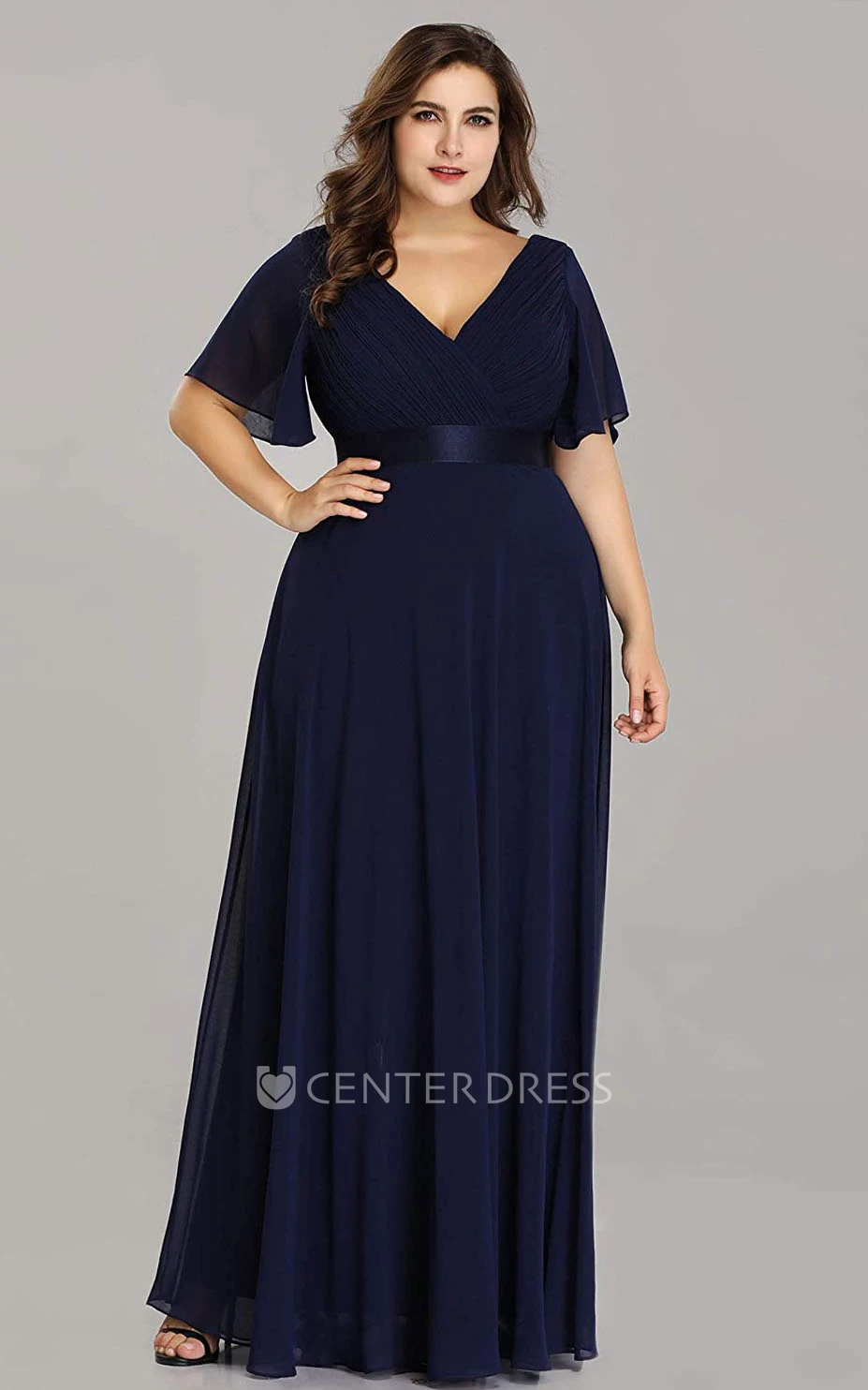 Casual Half Sleeve Chiffon V-neck A Line Mother Dress With Criss Cross and Ruching