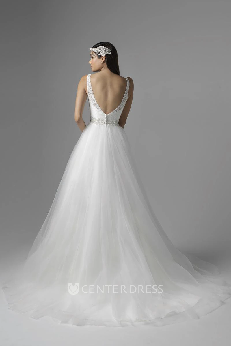 Long V-Neck Appliqued Jeweled Tulle&Lace Wedding Dress With Court Train And V Back