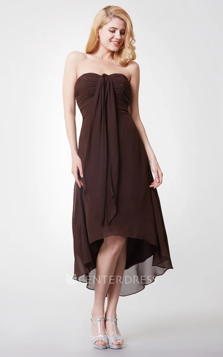 Shinning Sleeveless Empire Waist Tea-length Chiffon Dress With Ruching