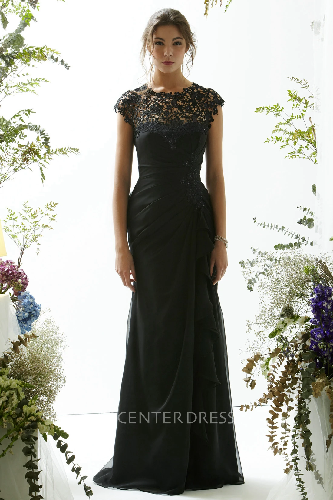 Sheath Long Lace Jewel Cap-Sleeve Chiffon Prom Dress With Beading And Draping
