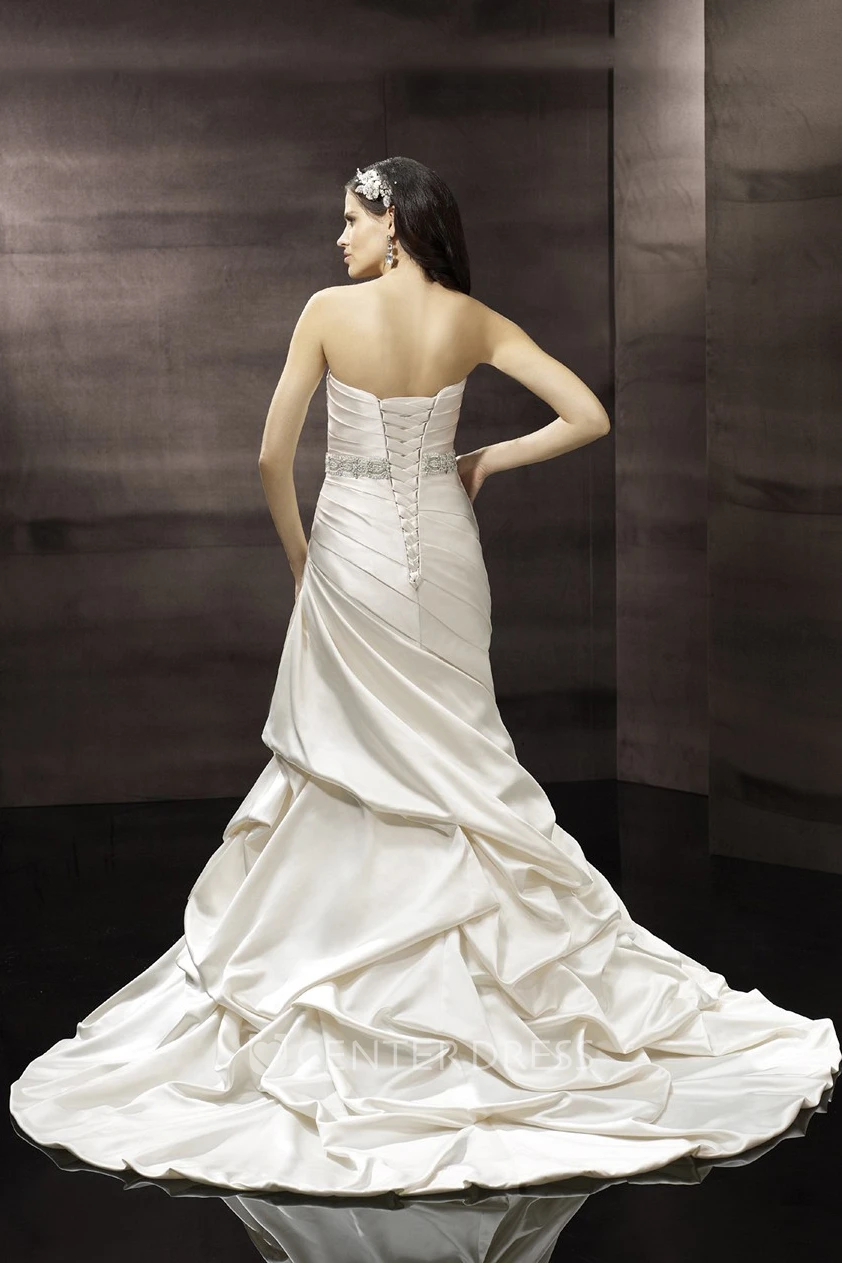 Mermaid Sleeveless Side-Draped Floor-Length Strapless Satin Wedding Dress With Pick Up And Waist Jewellery