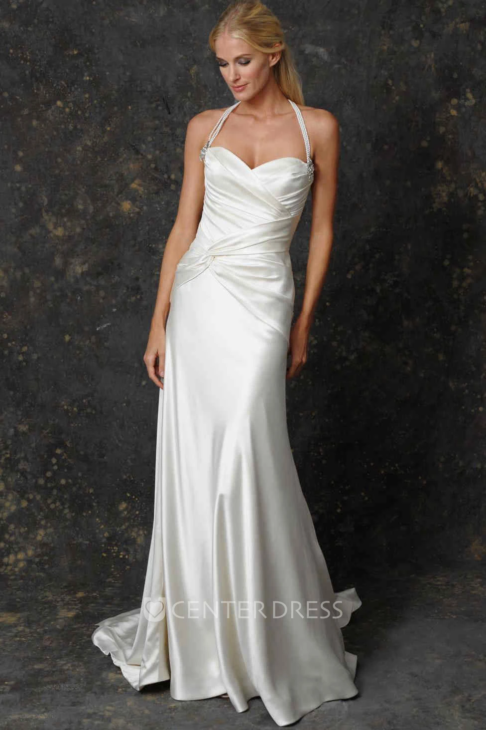 Sheath Ruched Haltered Floor-Length Sleeveless Satin Wedding Dress With Broach