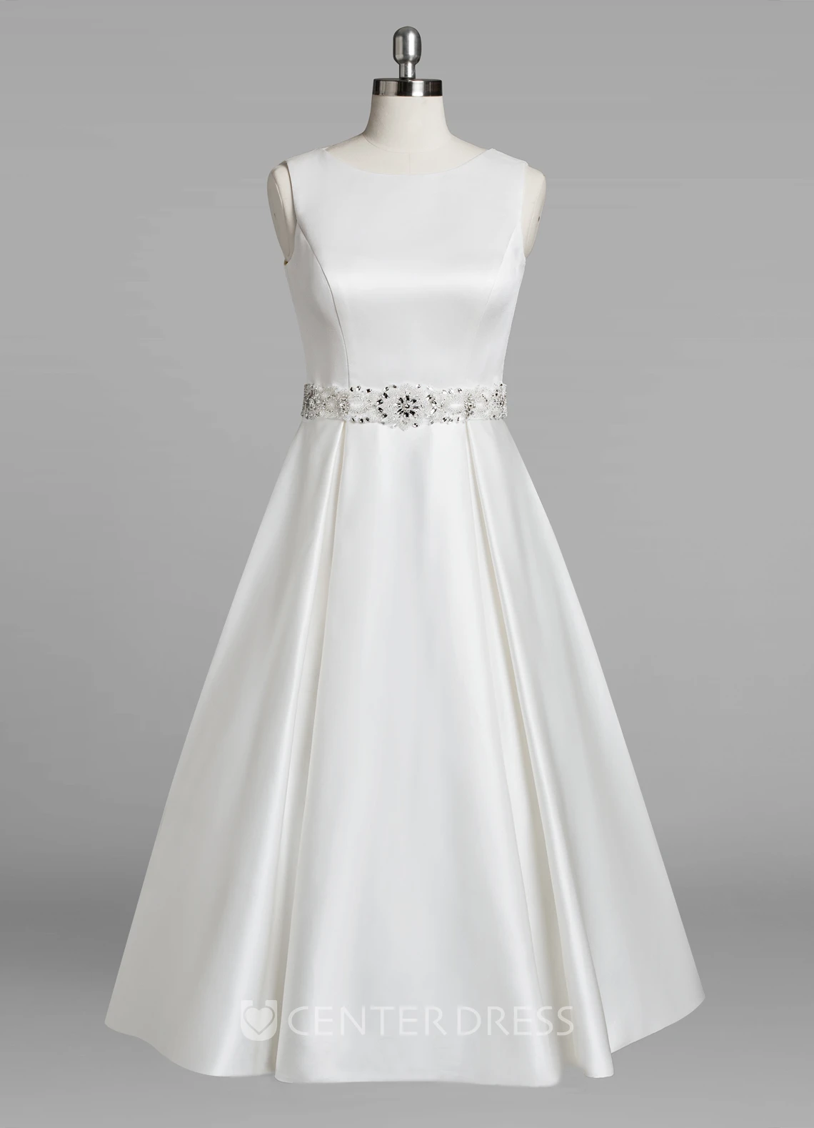 Jewel Neck Sleeveless A-Line Tea-Length Satin Wedding Dress With Beading