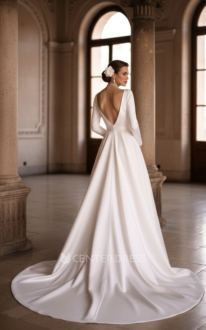 Vintage Elegant Satin Long Sleeve A-Line V-neck Warm Wedding Dress Simple Solid Court Floor-length Button Deep-V Back Bridal Gown with Sash Train