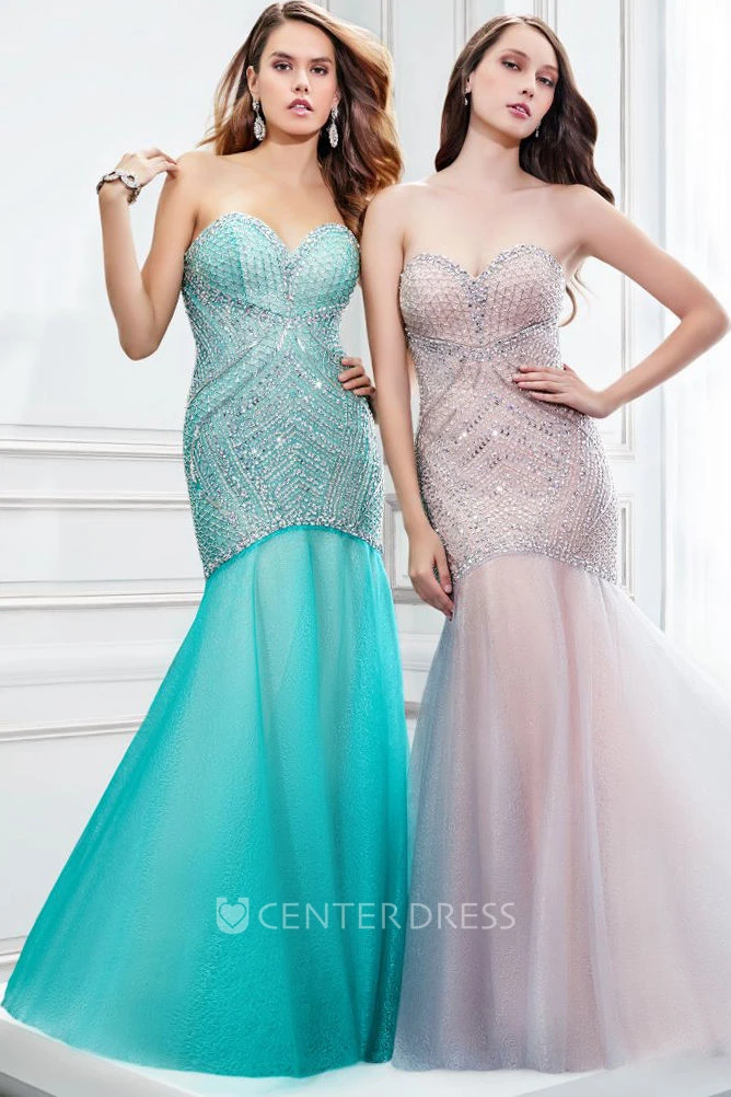 Mermaid Sleeveless Sweetheart Beaded Tulle Prom Dress