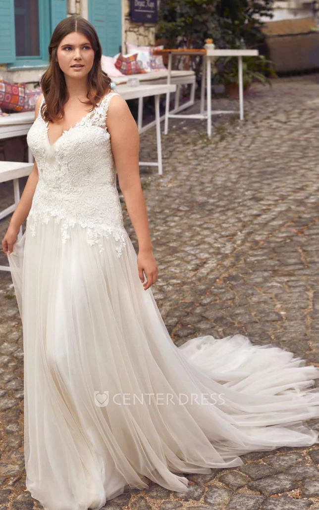 Modern Lace Court Train Sleeveless A Line V-neck Wedding Dress with Appliques