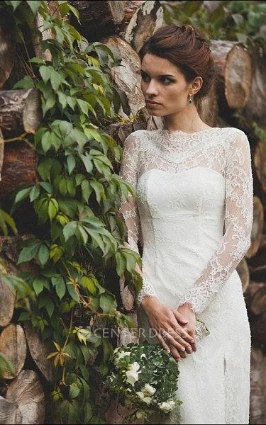 Scalloped Illusion Sleeve Keyhole Back Sheath Long Lace Spring Wedding Dress